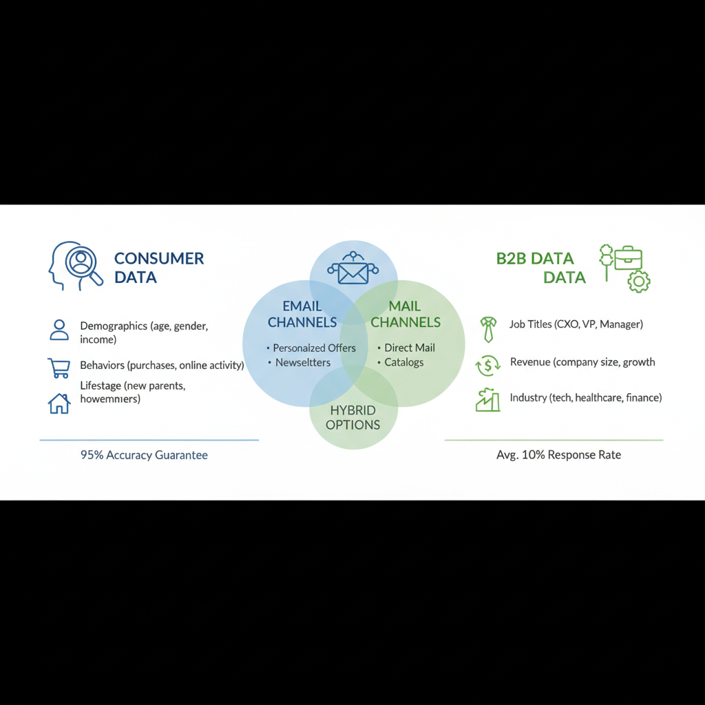 Infographic comparing consumer and business marketing data lists with icons and key stats