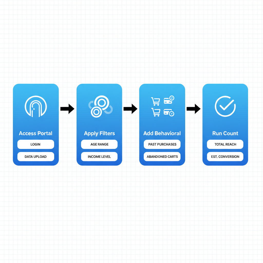 Vertical process flow diagram illustrating four steps to customize marketing data lists including access tools, apply filters, add behavioral data, and run count validation