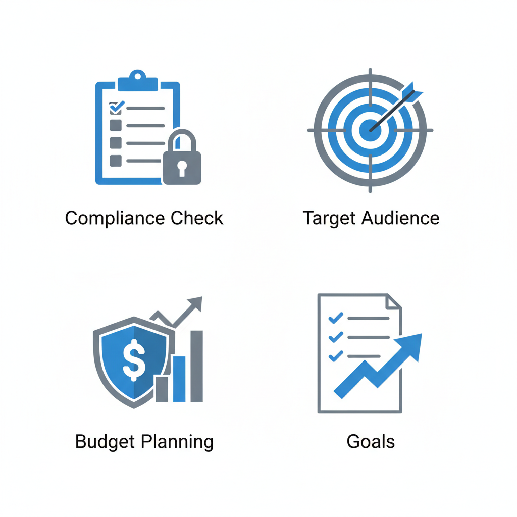 2x2 grid of icons showing compliance checklist with lock, target audience bullseye, budget dollar sign, and goal planning checklist for preparing to buy cold call lists.
