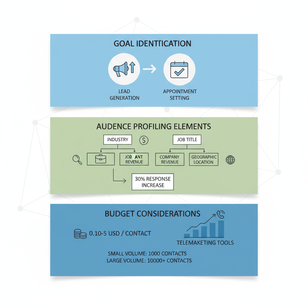 Infographic outlining steps to assess B2B calling needs including goals, audience profiling, and budget considerations
