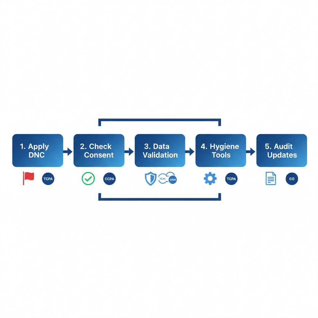 Horizontal process flow diagram illustrating five steps for ensuring TCPA and CCPA compliance in call lists with icons and badges