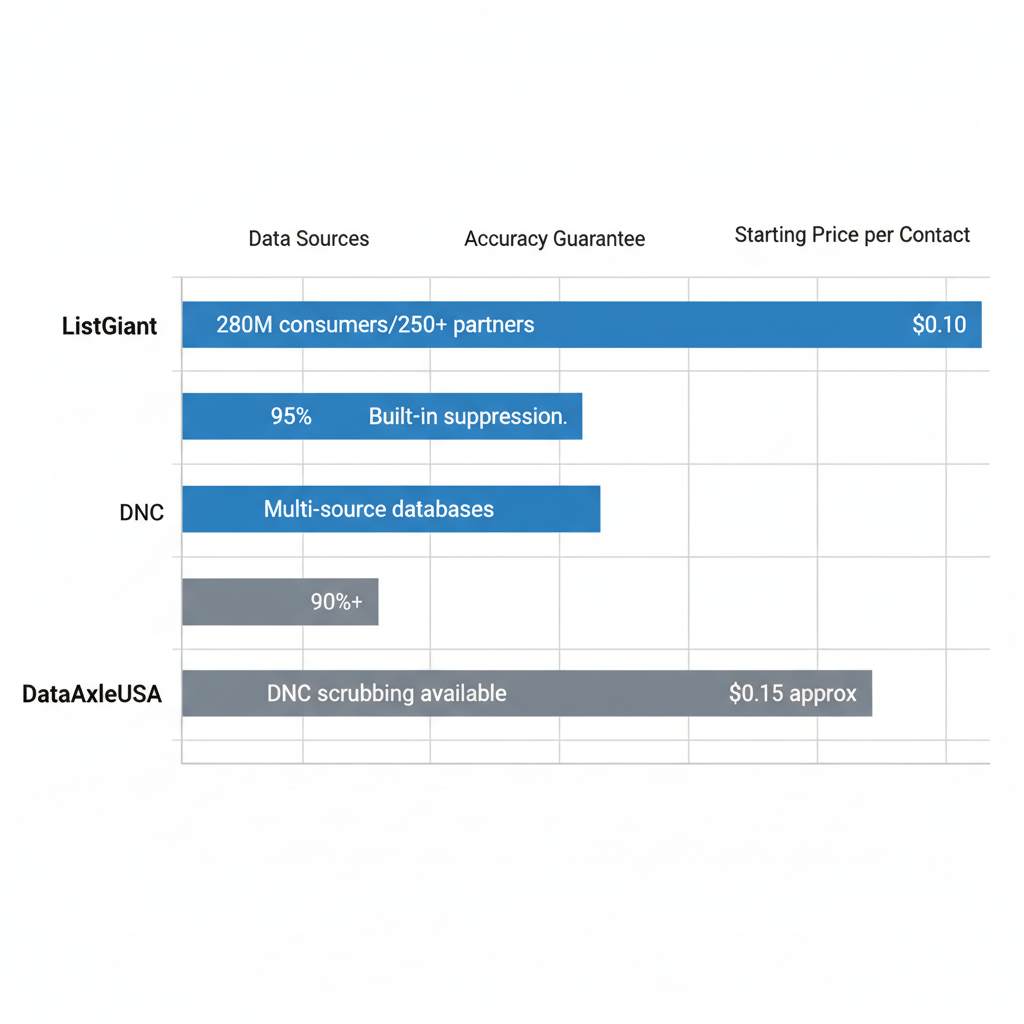 Horizontal bar chart comparing key features of consumer phone lists between ListGiant and DataAxleUSA including data sources, accuracy guarantee, DNC compliance, and starting price per contact.