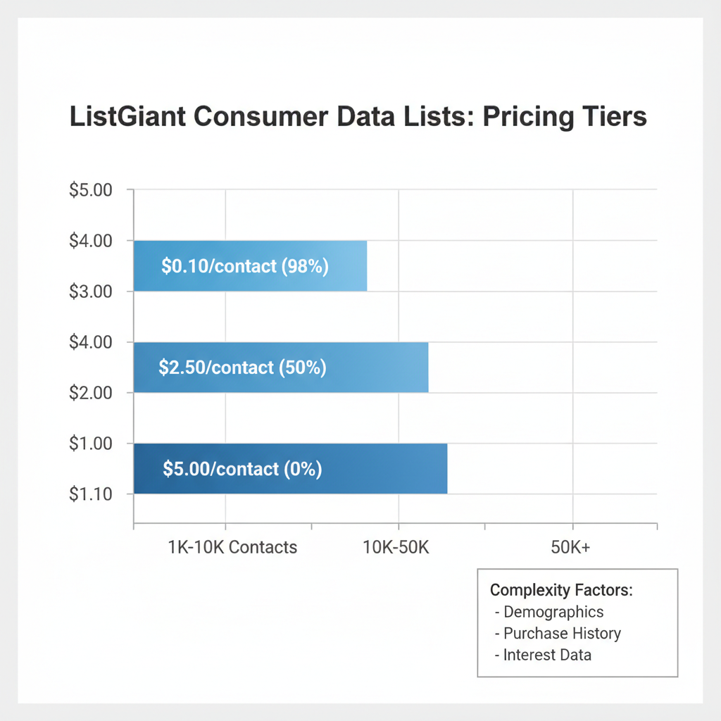 Horizontal bar chart showing ListGiant pricing tiers for consumer data lists by volume with costs and discounts