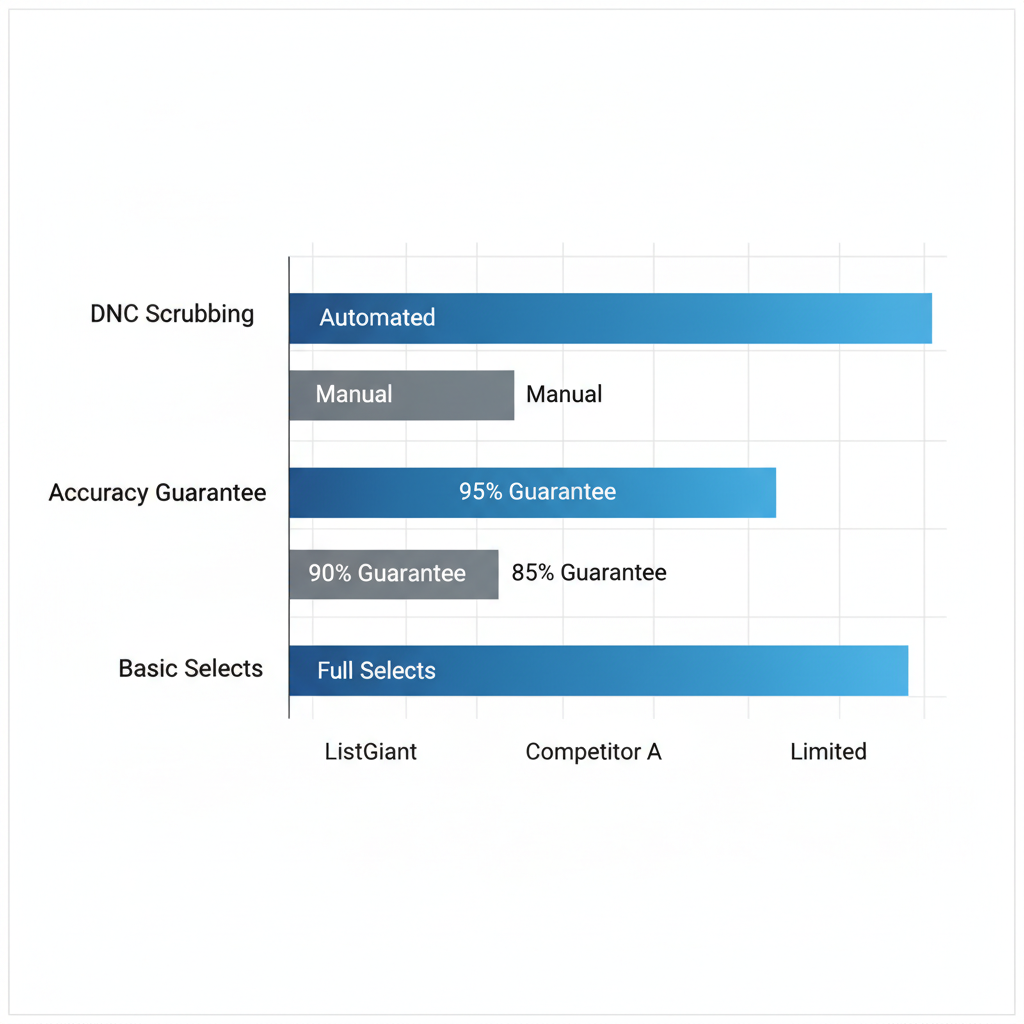 Horizontal bar chart comparing telemarketing list providers on DNC scrubbing, accuracy guarantees, and basic selects