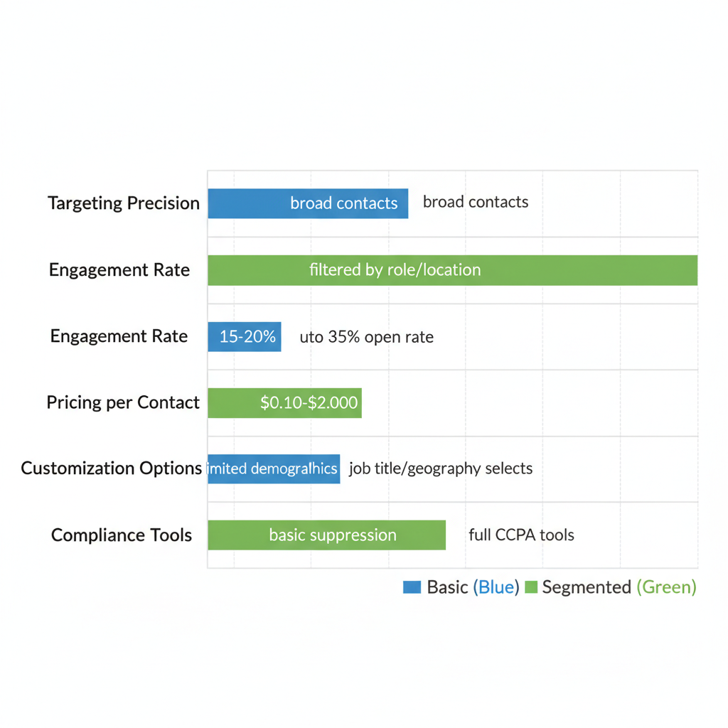 Horizontal bar chart comparing features of basic and segmented education email lists for professionals