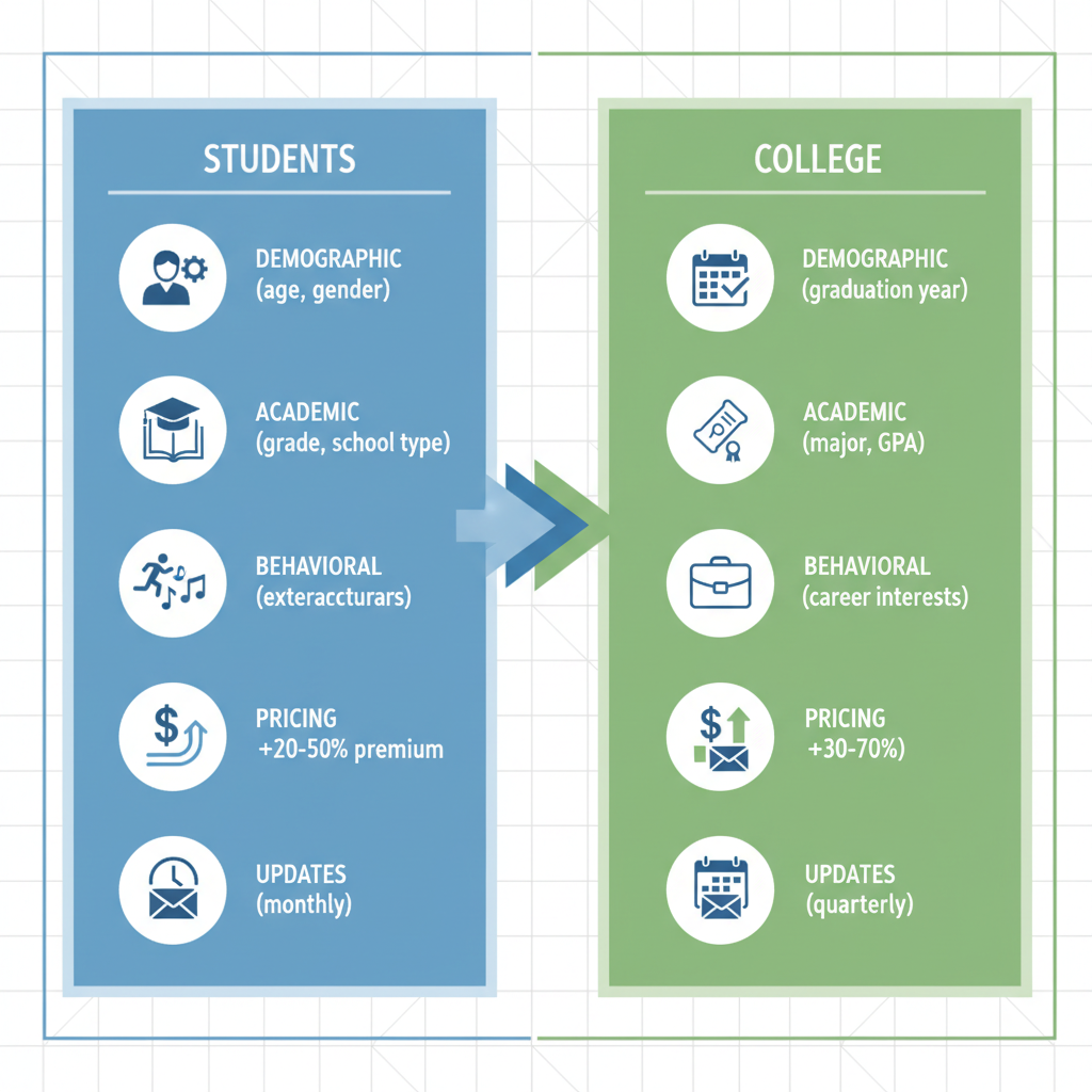 Infographic comparing segmentation options for student and college email lists with icons for demographics, academics, behaviors, pricing, and updates