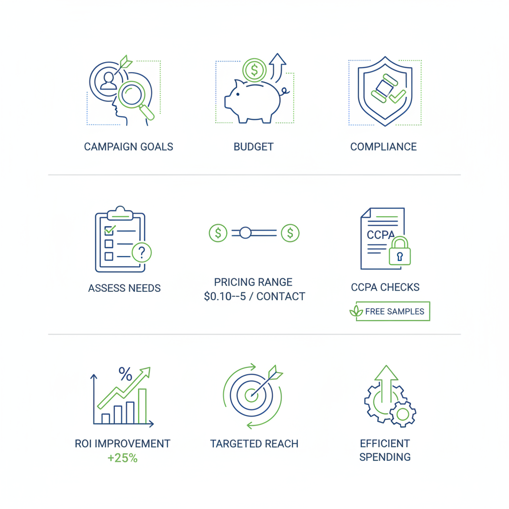 Infographic illustrating steps to prepare for purchasing consumer data lists, including goals, checklist, and benefits.