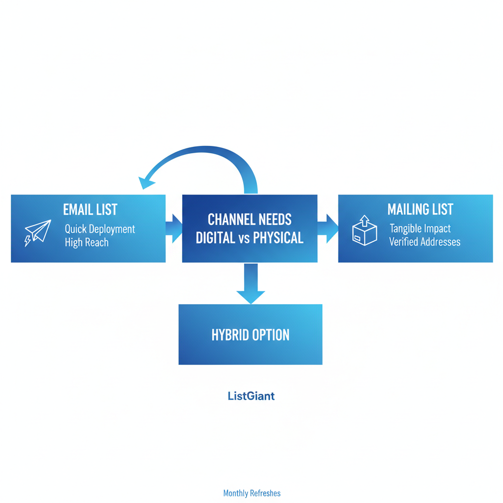 Horizontal process flow diagram comparing email and mailing list types for marketing campaigns