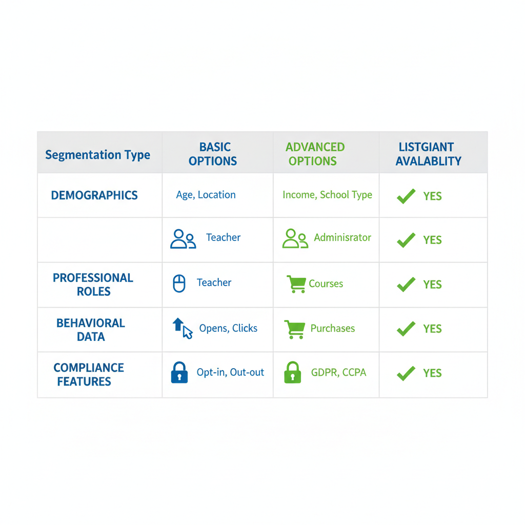 Infographic comparing basic and advanced segmentation options for education industry email lists with ListGiant features