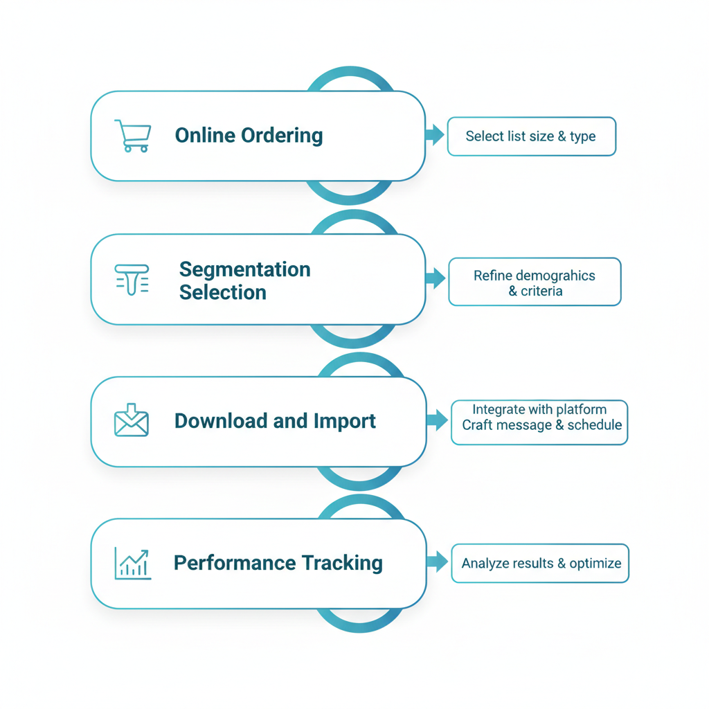 Horizontal process flow diagram showing five steps for using education industry email lists in marketing: ordering, segmentation, download, campaign setup, and tracking.