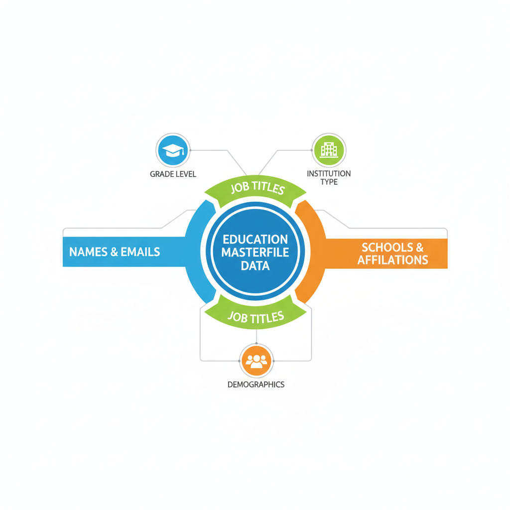 Infographic showing key components of education mailing lists including data fields like names, emails, job titles, school affiliations, and segmentation by grade level, institution type, and demographics.