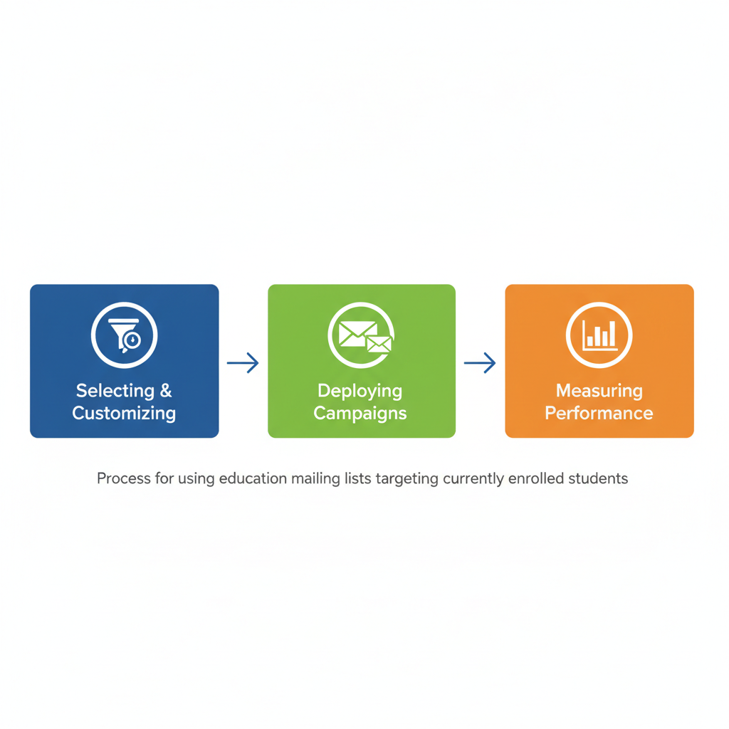 Horizontal process flow diagram showing three steps for using education mailing lists: selecting and customizing, deploying campaigns, and measuring performance