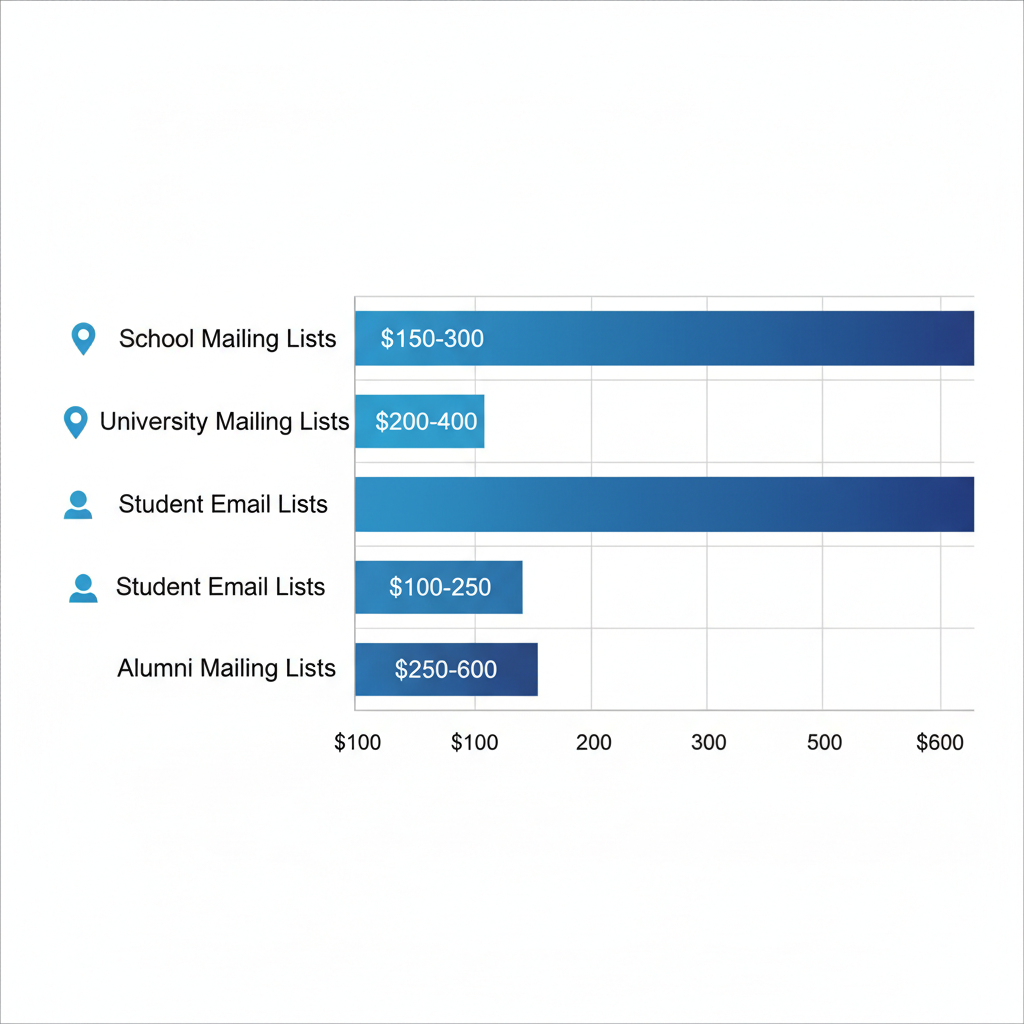 Horizontal bar chart comparing price ranges per 1,000 contacts for school, university, student email, and alumni mailing lists with geography and audience icons.