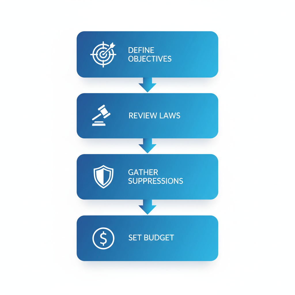Vertical process flow diagram showing four steps to prepare for buying a leads email list with icons and brief labels