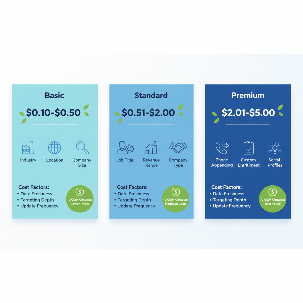 Infographic illustrating ListGiant's three pricing tiers for B2B email lists with features and discounts