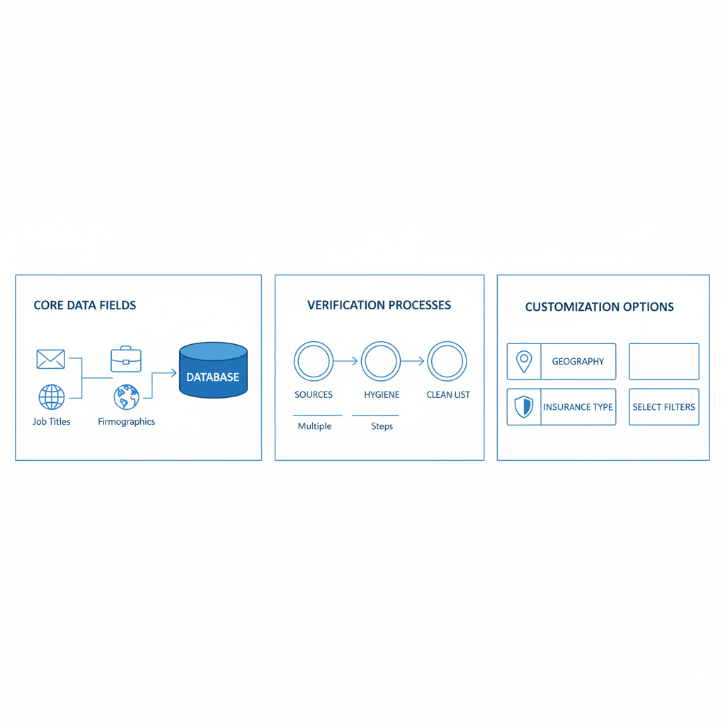 Infographic illustrating key components of insurance industry email databases including data fields, verification, and customization