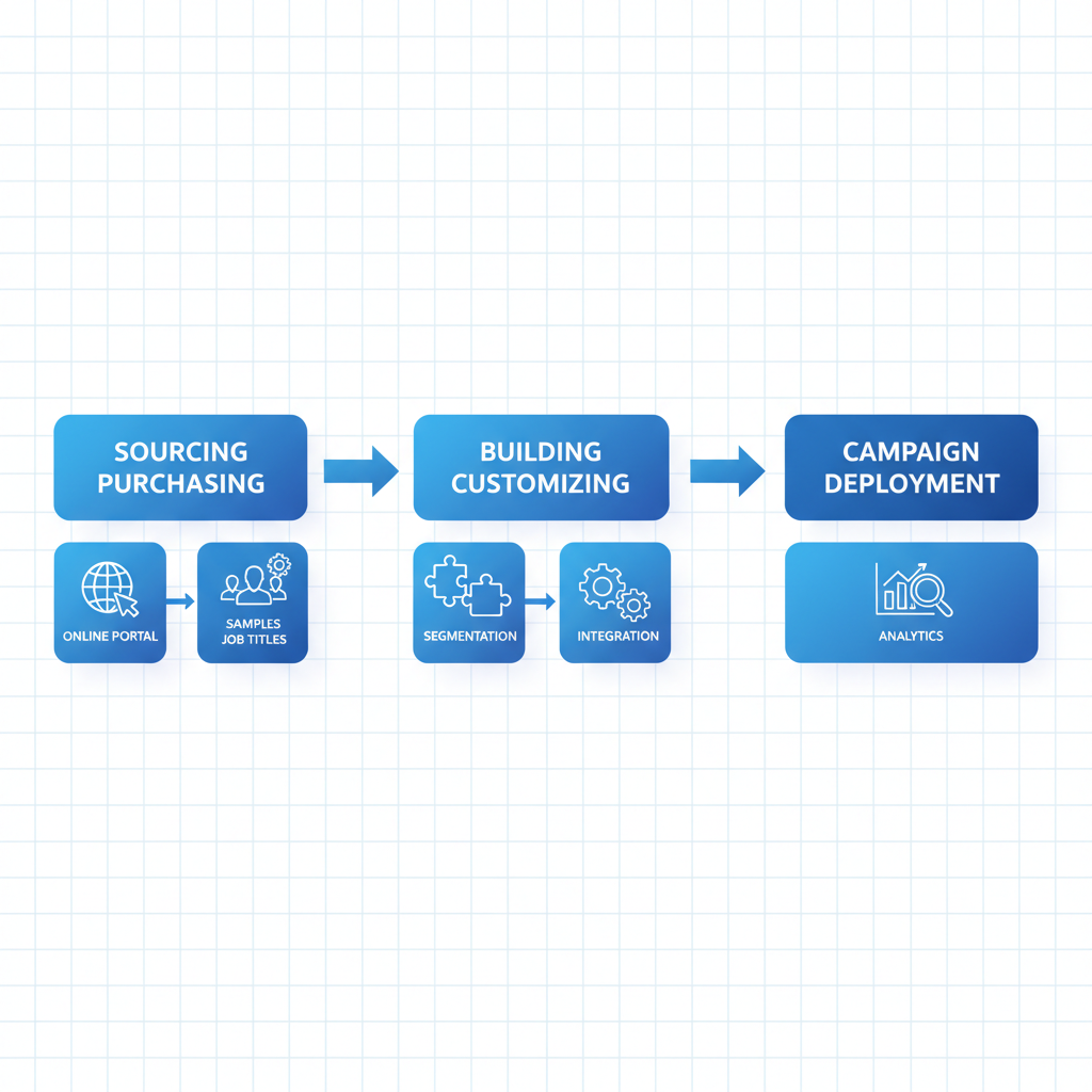Horizontal process flow diagram illustrating steps to acquire and deploy insurance email databases with three connected stages and icons