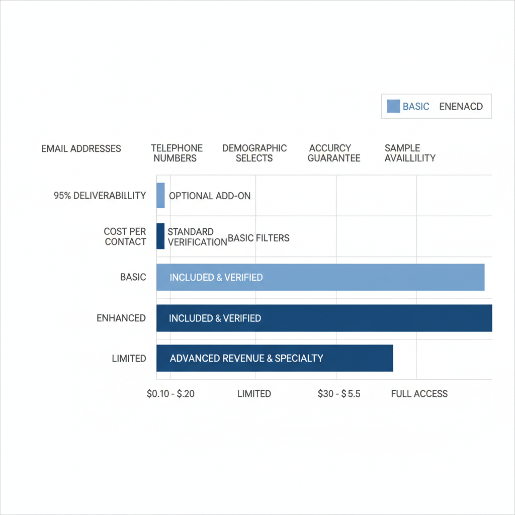 Horizontal bar chart comparing features of basic and enhanced insurance agents email databases with blue bars and grid lines