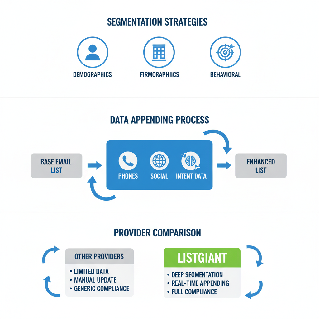 Infographic showing insurance email list customization options including segmentation, data appending, and provider comparison