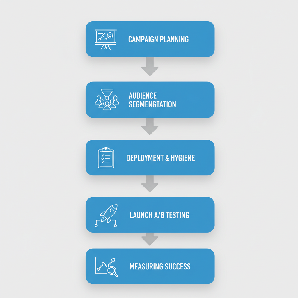Vertical process flow diagram illustrating five stages of implementing insurance agents email databases in campaigns: planning, segmentation, deployment, launch, and measurement