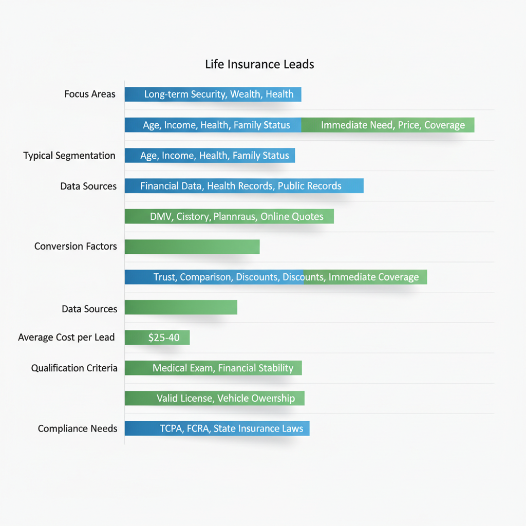 Horizontal bar chart comparing key attributes of life and auto insurance leads