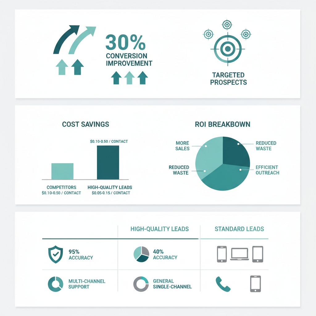 Infographic illustrating advantages of high-quality insurance leads, including conversion rates, cost savings, and provider comparisons.