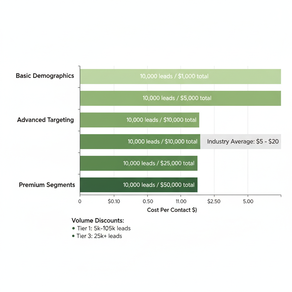 Horizontal bar chart of ListGiant insurance lead pricing tiers showing costs from $0.10 to $5 per contact with volume examples
