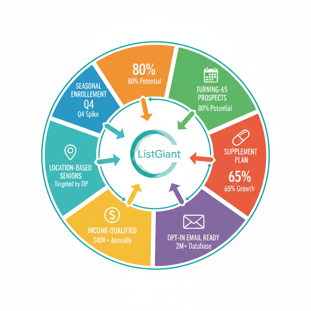 Circular infographic illustrating Medicare lead targeting segments with icons and stats
