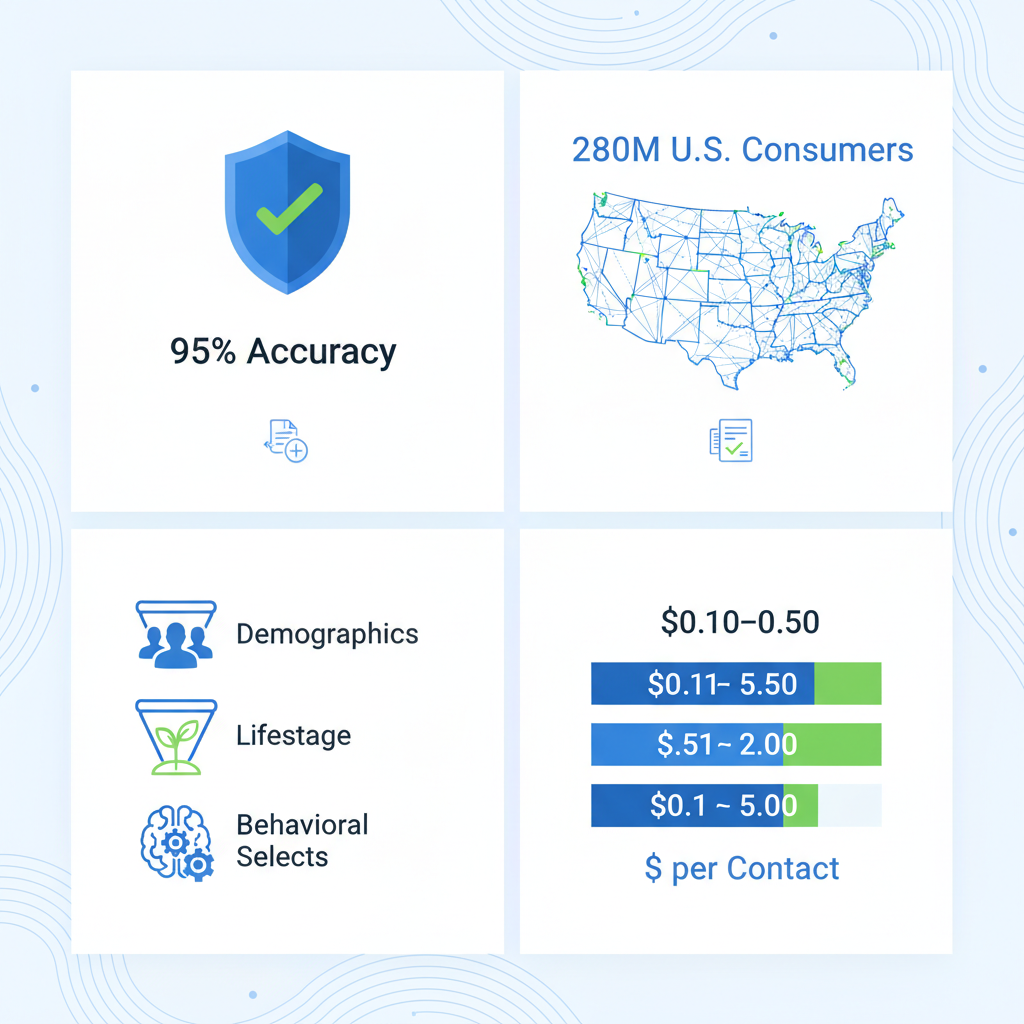Infographic depicting ListGiant's key features for precision targeting in life insurance leads, with quadrants on accuracy, database size, targeting options, and pricing.