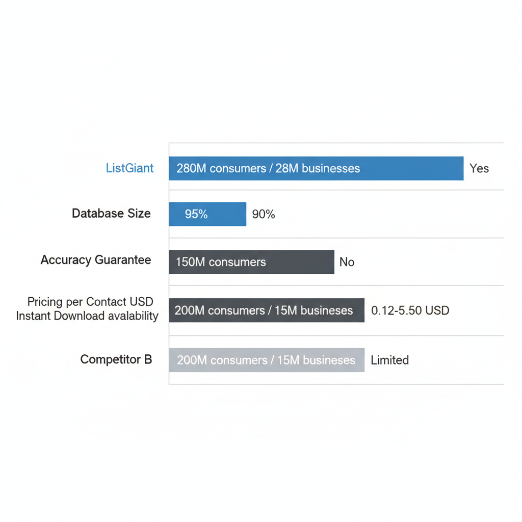 Horizontal bar chart comparing insurance list providers on database size, accuracy, pricing, and download availability