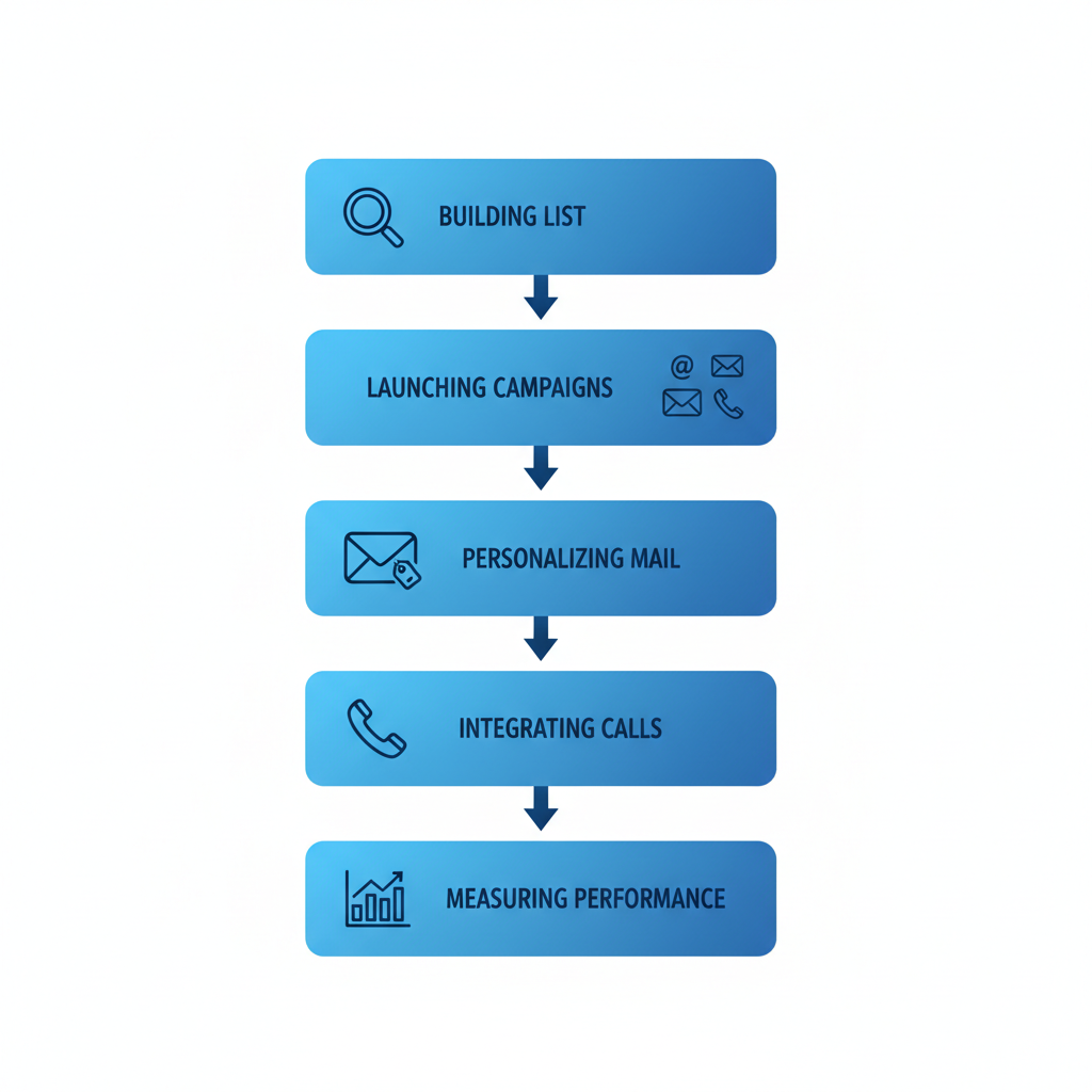 Vertical process flow diagram illustrating five steps for using insurance marketing lists: building and filtering, launching campaigns, personalizing direct mail, integrating telemarketing, and measuring performance.