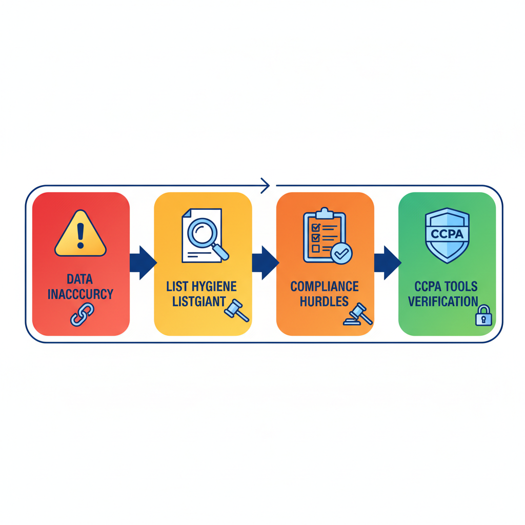 Horizontal process flow diagram illustrating challenges and solutions in IMO partnerships and list sourcing