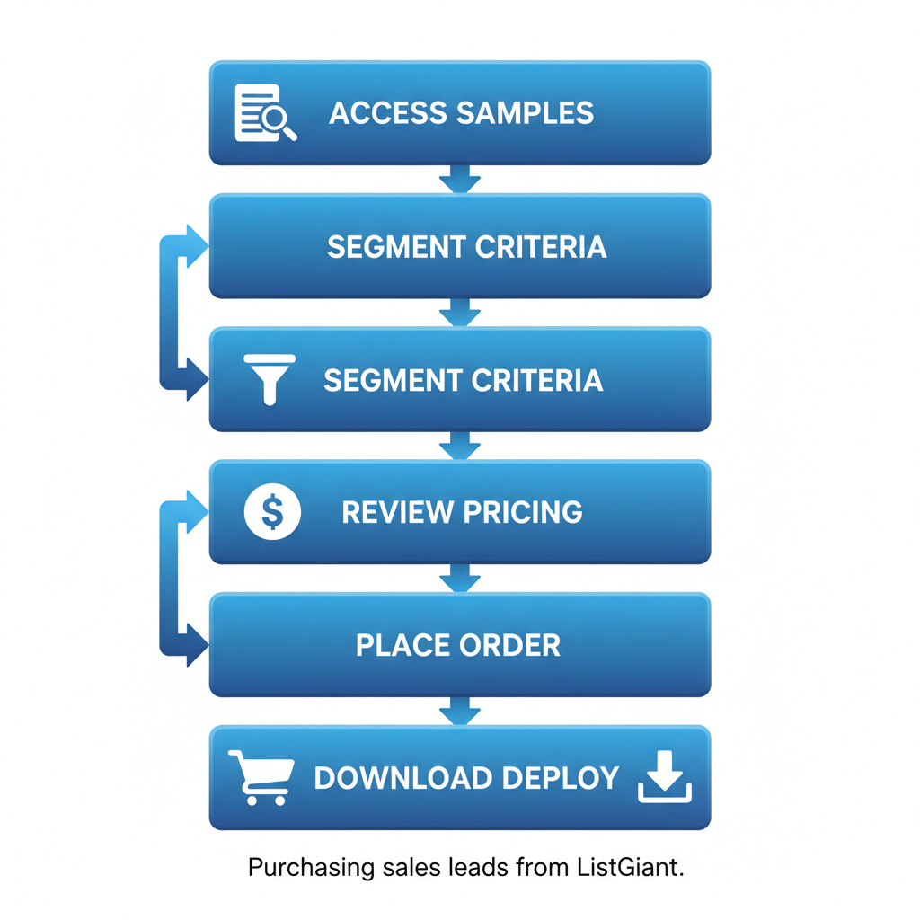 Vertical process flow diagram illustrating five key steps for purchasing sales leads from ListGiant