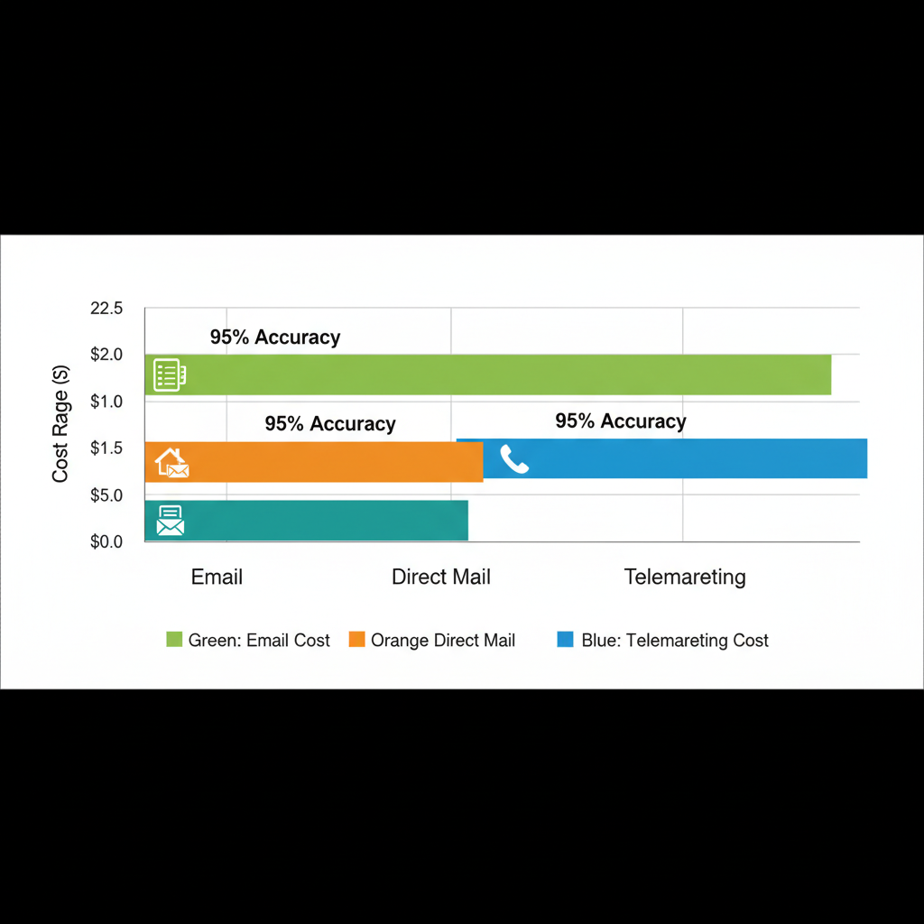 Horizontal bar chart comparing cost ranges of Email, Direct Mail, and Telemarketing sales leads with accuracy labels