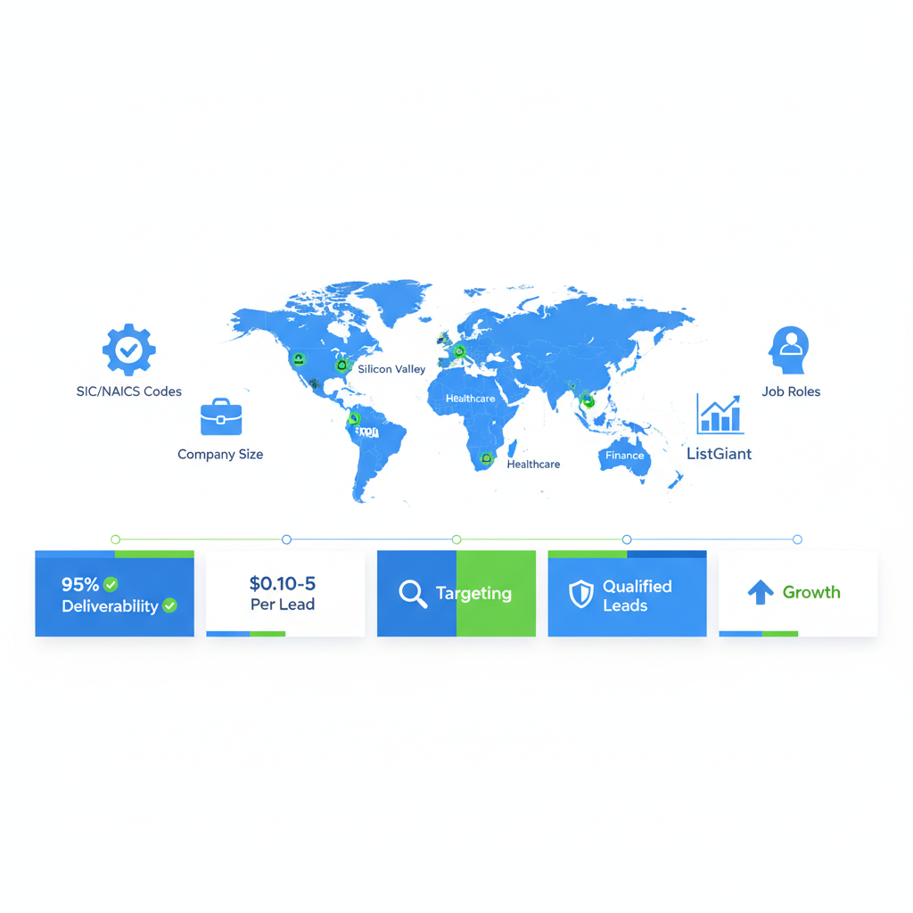 Infographic showing precise industry targeting for B2B leads with a US-focused world map, industry icons, and key metrics like 95% deliverability.