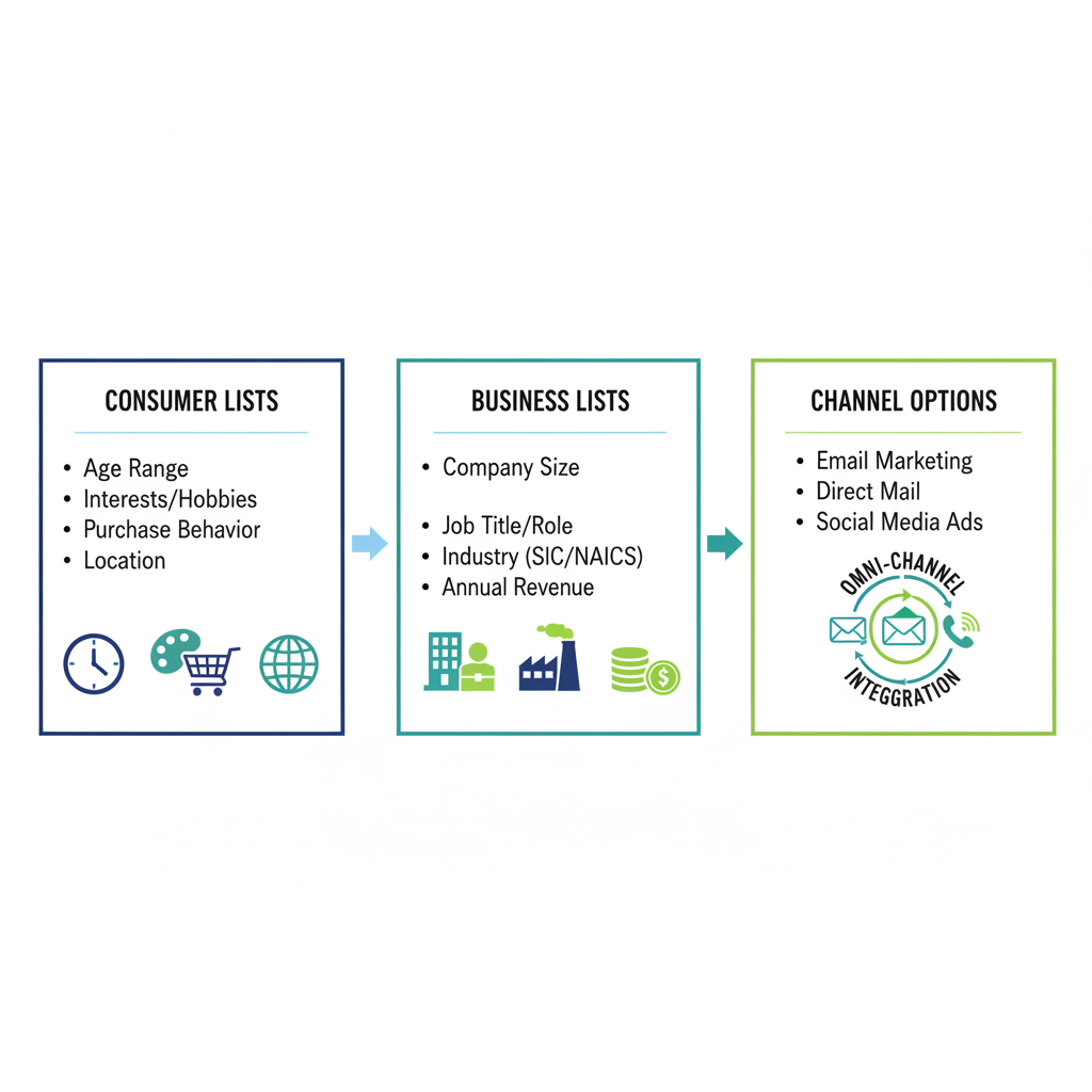 Infographic depicting consumer lists, business lists, and multi-channel mailing options with icons and key features.