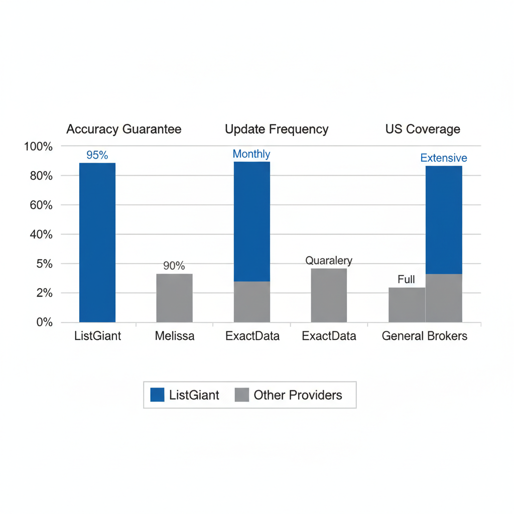 Grouped bar chart comparing key metrics of mailing list providers including ListGiant's 95% accuracy guarantee