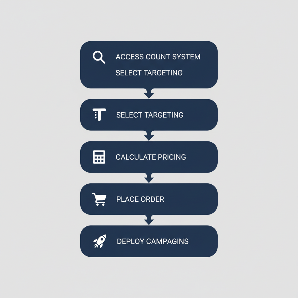 Vertical process flow diagram illustrating five steps to purchase mailing lists with icons and labels