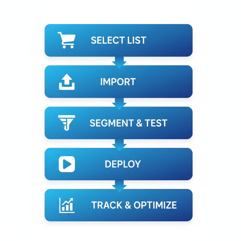 Vertical process flow diagram showing five steps for using targeted mailing lists in campaigns with icons and brief labels