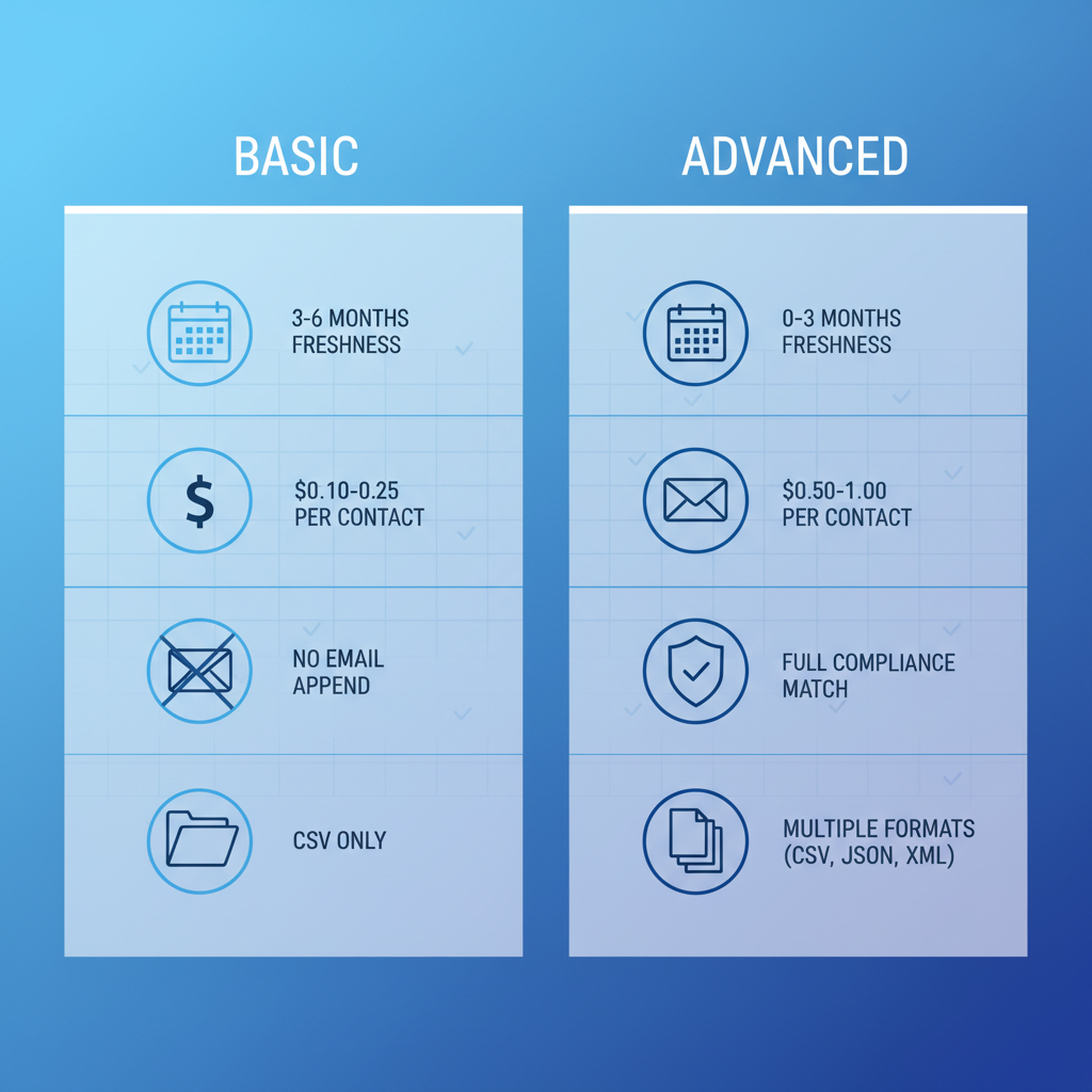 Infographic comparing Basic and Advanced New Homeowners marketing list packages with key features and pricing