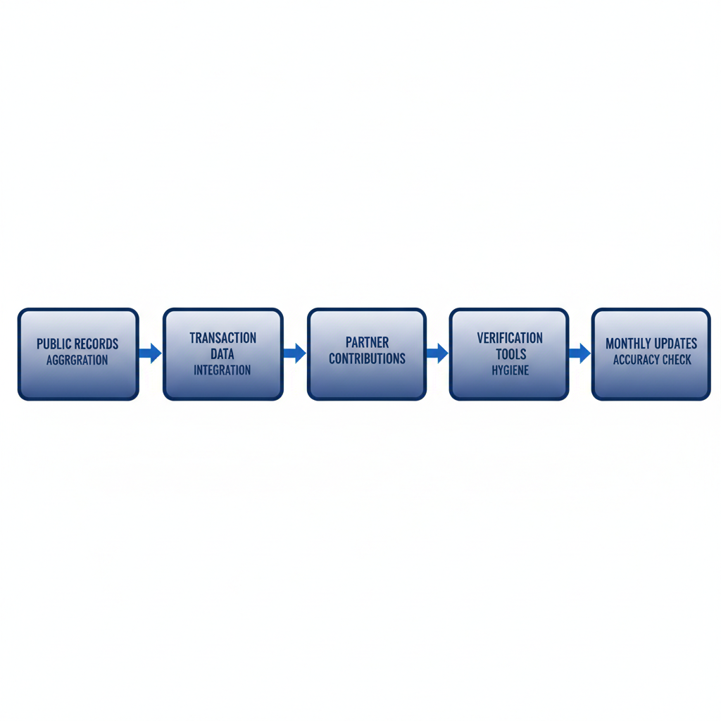 Horizontal process flow diagram illustrating the compilation of new homeowners data sources with five connected steps