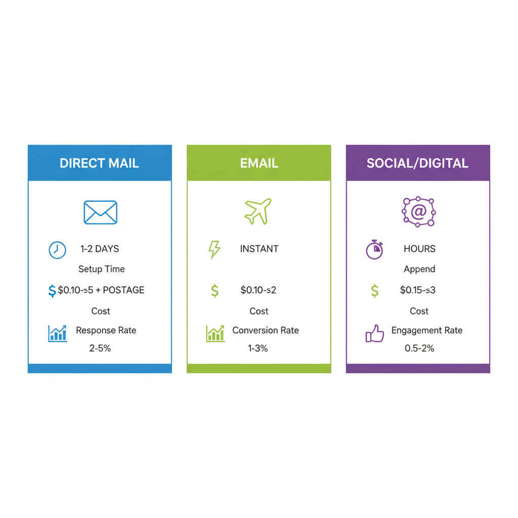 Infographic comparing direct mail, email, and social/digital campaign channels for targeting new homeowners with key metrics and icons.