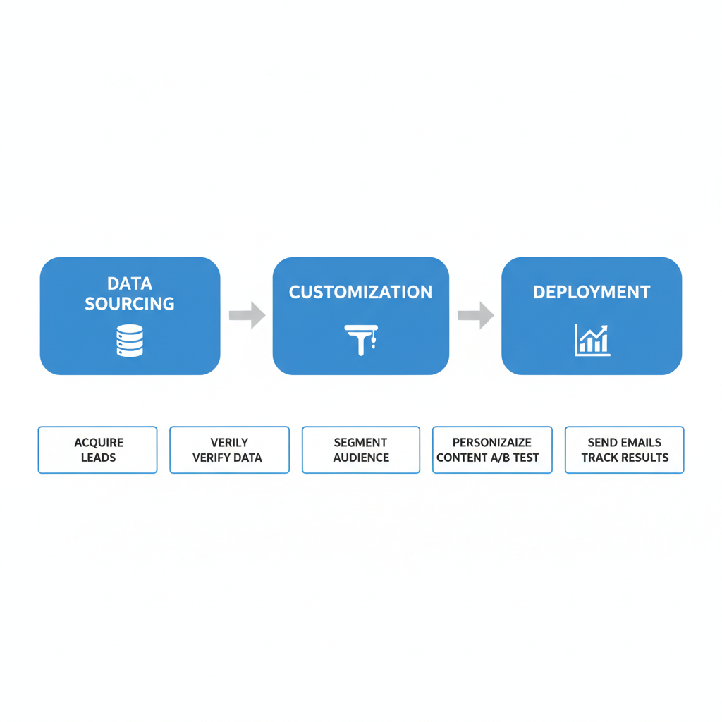 Horizontal process flow diagram illustrating key stages of marketing data provider operations: data sourcing, customization, and deployment.