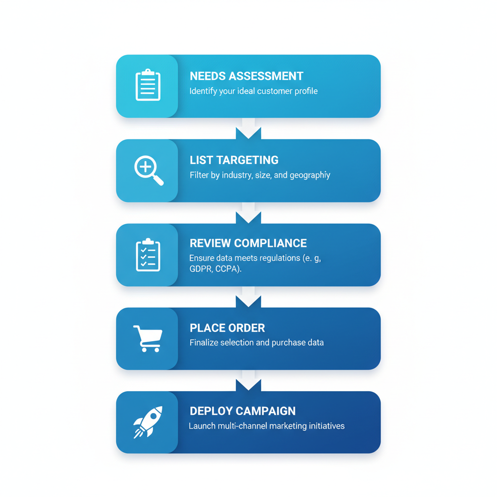 Vertical process flow diagram illustrating five stages of acquiring and using marketing lists: needs assessment, targeting, compliance review, ordering, and campaign deployment.