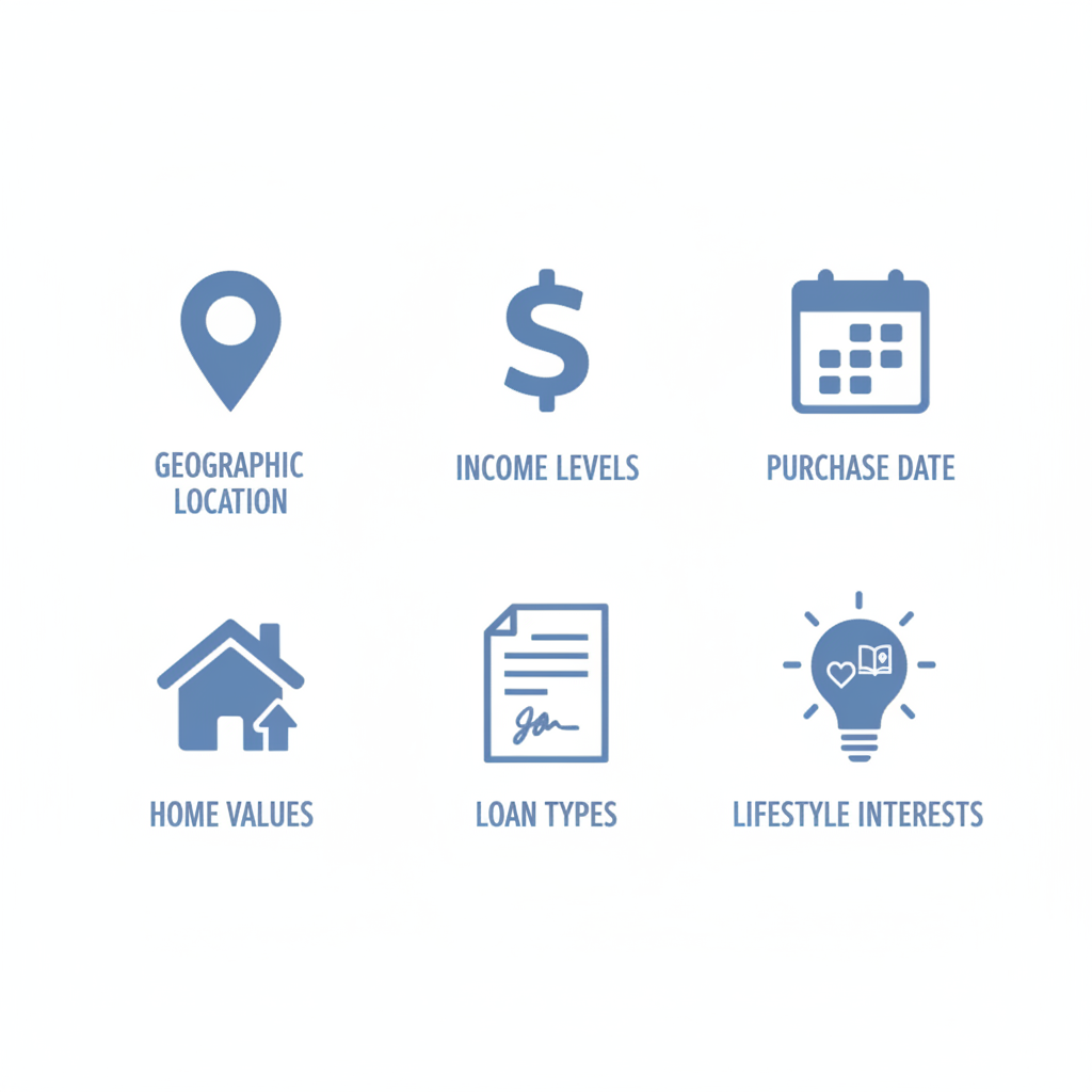 Icon set representing segmentation criteria for new homeowners: geography, income levels, purchase dates, home values, loan types, and interests