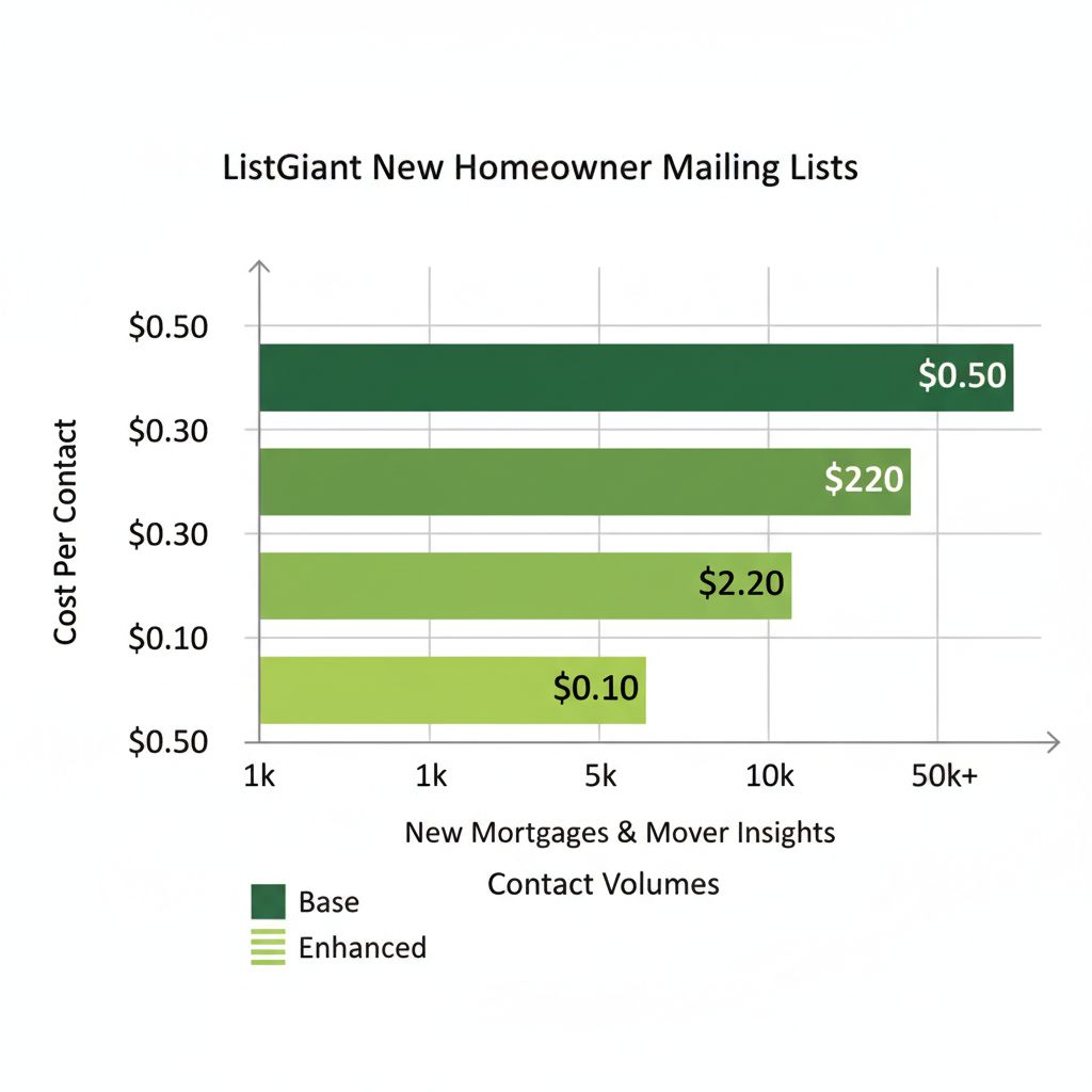 Horizontal bar chart showing pricing tiers for new homeowner mailing lists by contact volume