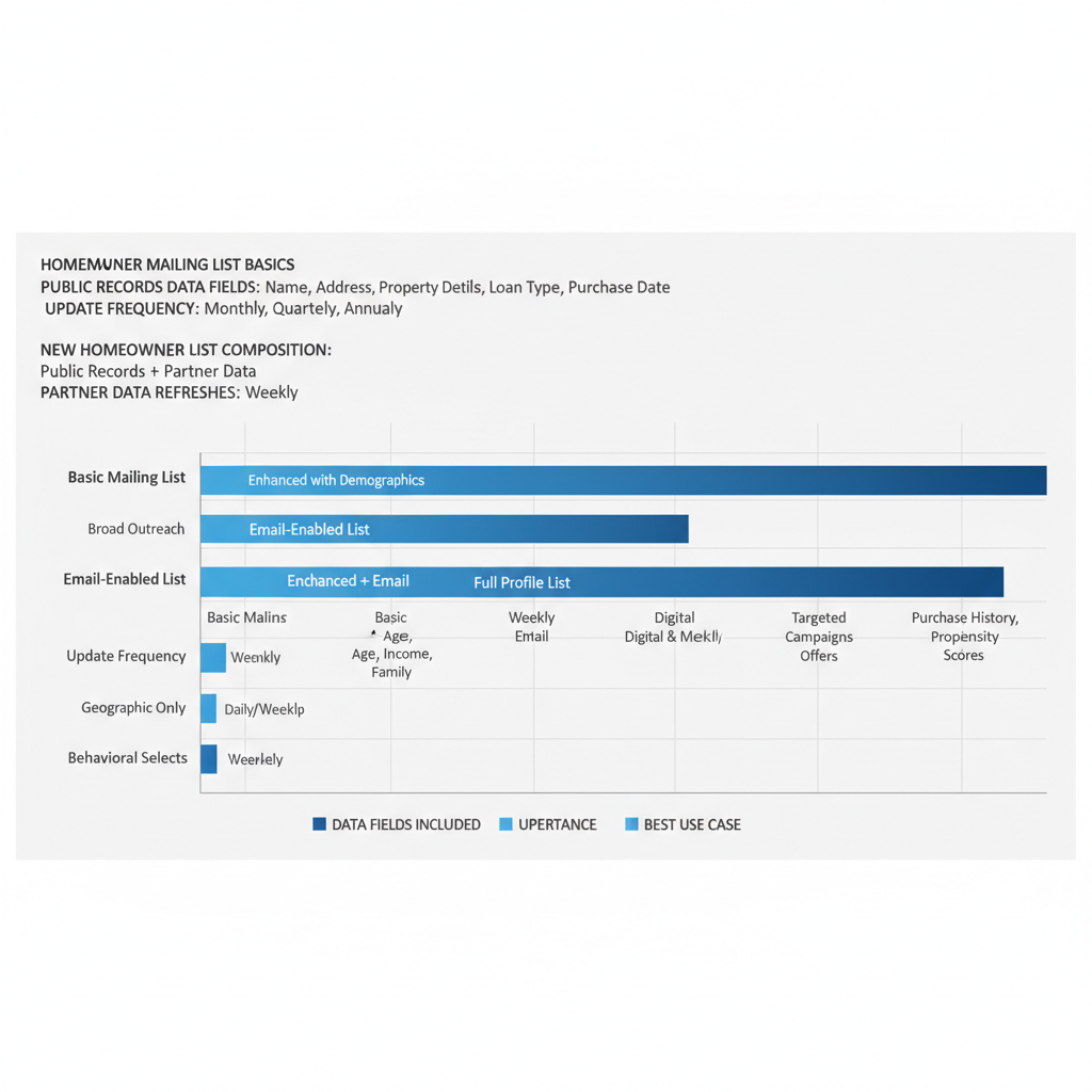 Horizontal bar chart comparing basic and advanced new homeowner marketing list types with data fields, updates, and use cases