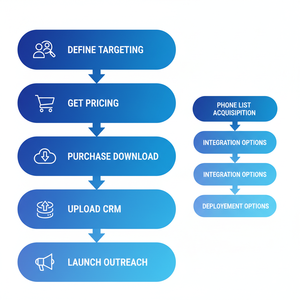 Vertical process flow diagram illustrating five steps for implementing phone lists in sales campaigns