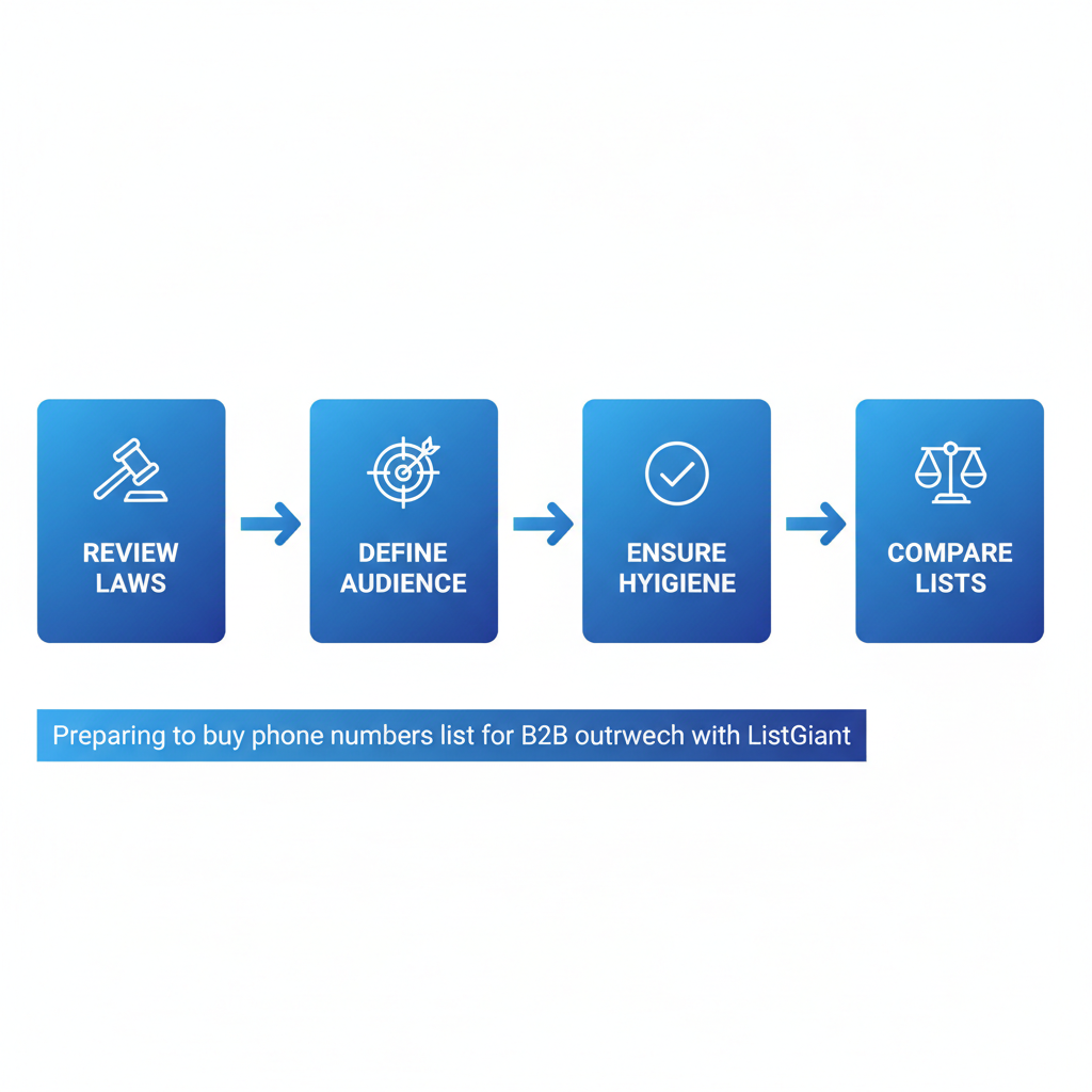 Horizontal process flow diagram illustrating the steps to prepare for purchasing a phone list for B2B marketing outreach
