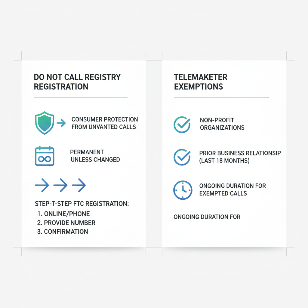 Side-by-side comparison of Do Not Call Registry registration requirements and exemptions for telemarketers, featuring icons and key facts.